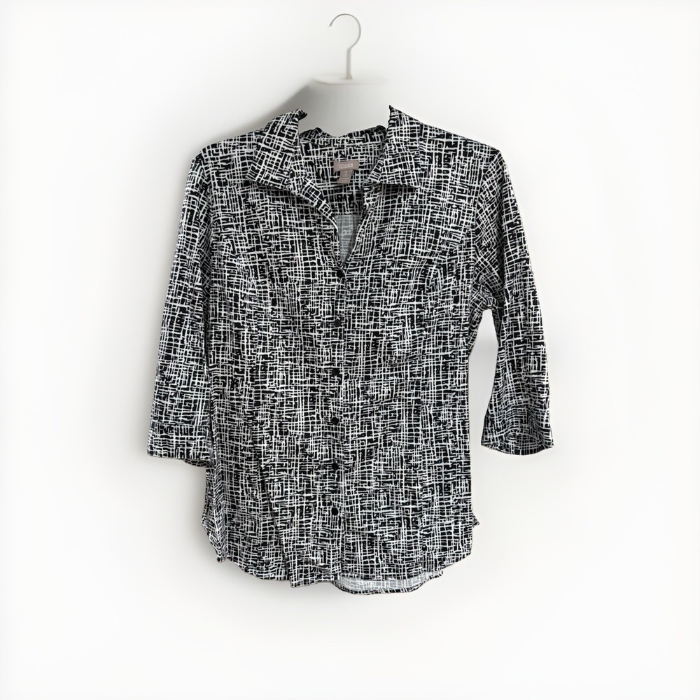 Chicos‎ womens blouse shirt top black white LONG stretch sz 3 XL EUC W100